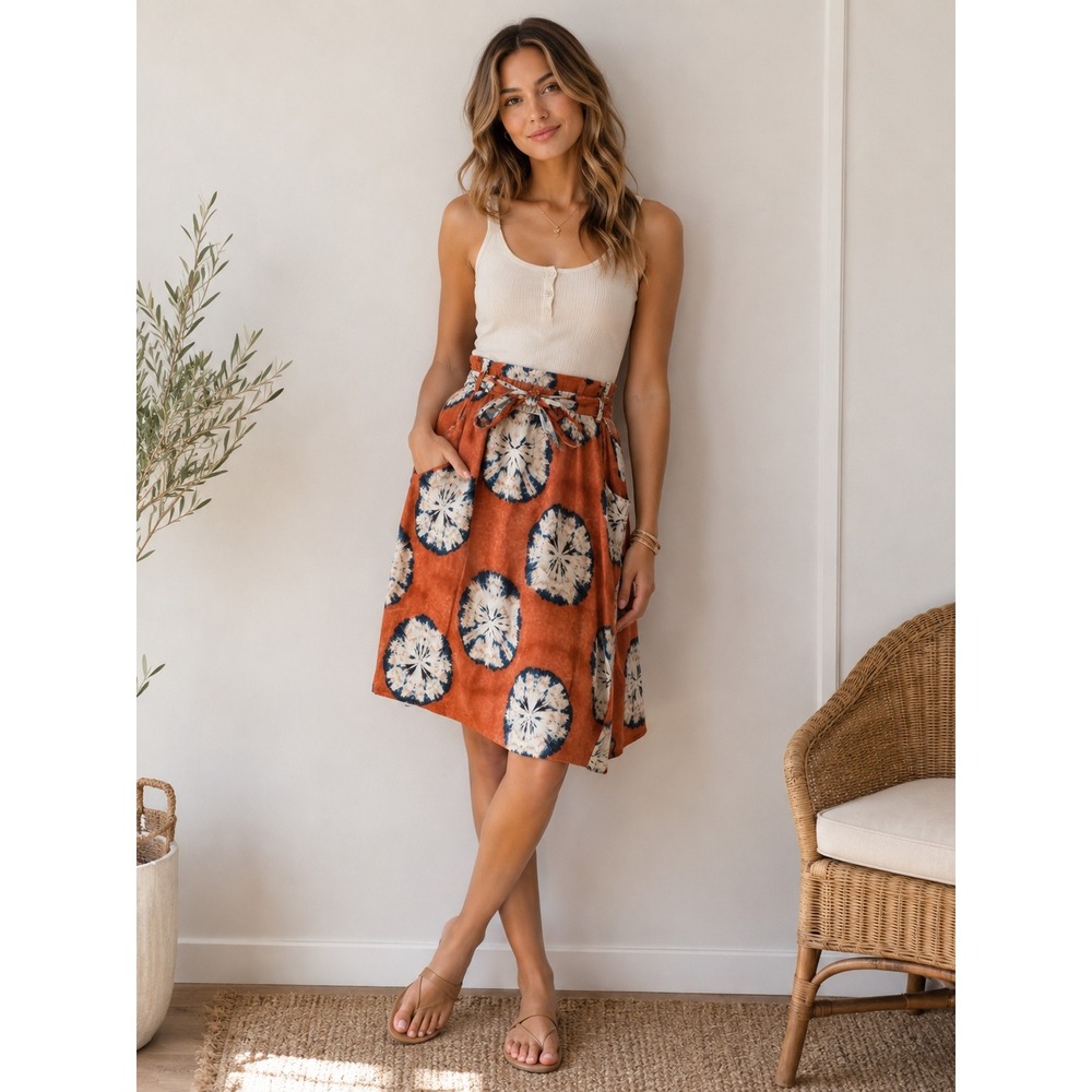 Porridge Clothing Rust Orange Tie Dye Paperbag Waist Linen Blend Midi Skirt M - Picture 2 of 10